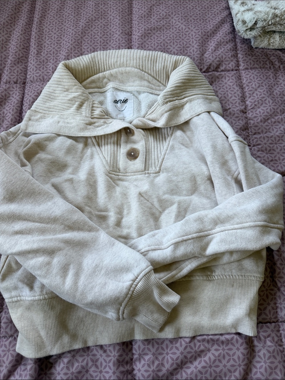 aerie Men's Cream Ribbed Shawl-Collar Zip Pullover